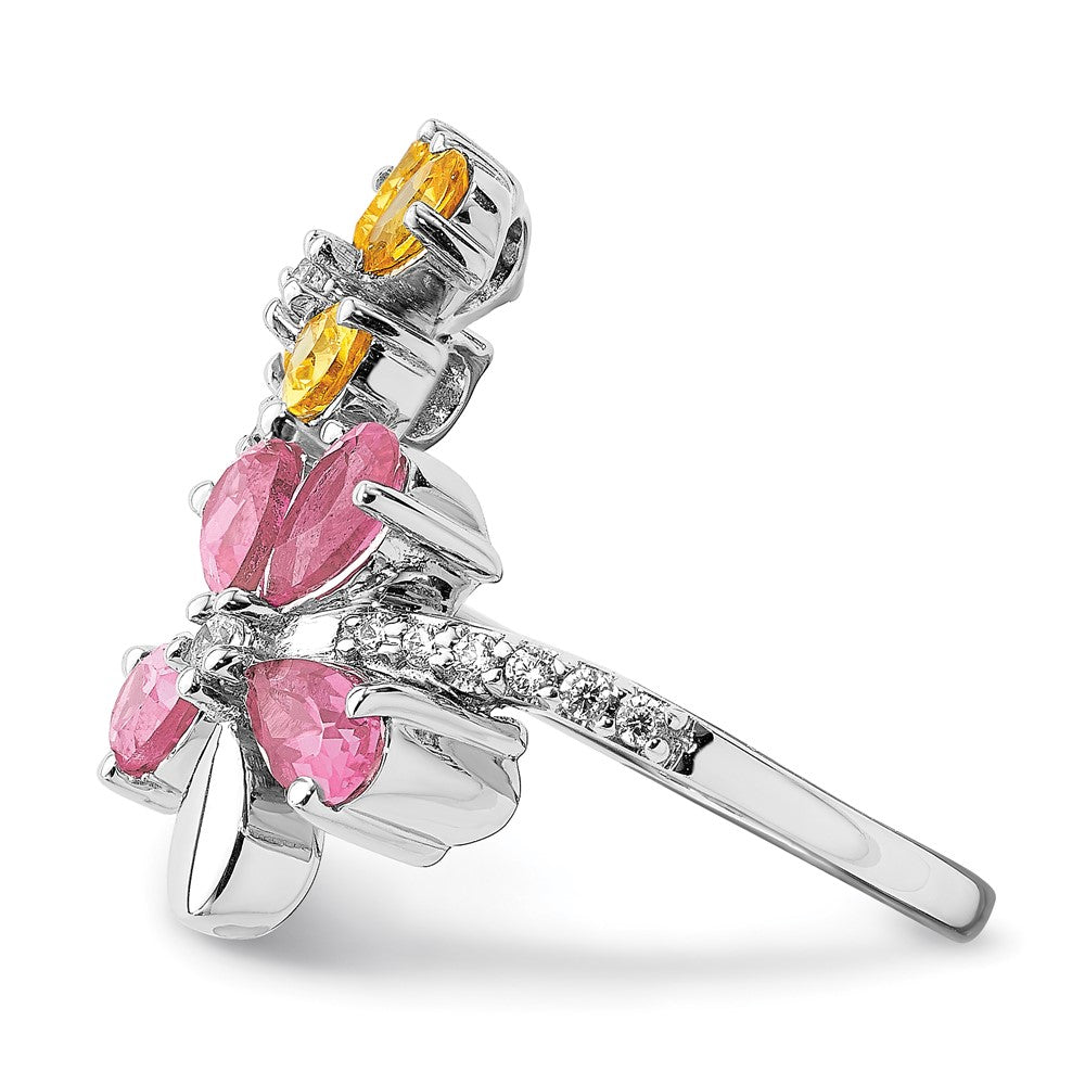 Solid 14k White Gold Simulated CZ and Citrine/Pink Tourmaline Flower Ring