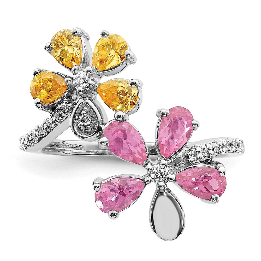 Solid 14k White Gold Simulated CZ and Citrine/Pink Tourmaline Flower Ring