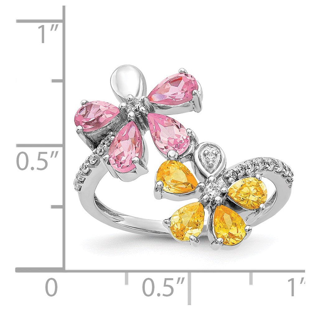 Solid 14k White Gold Simulated CZ and Citrine/Pink Tourmaline Flower Ring