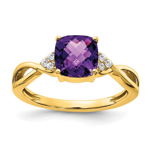 Solid 14k Yellow Gold ChecKerboard Simulated Amethyst and CZ Ring