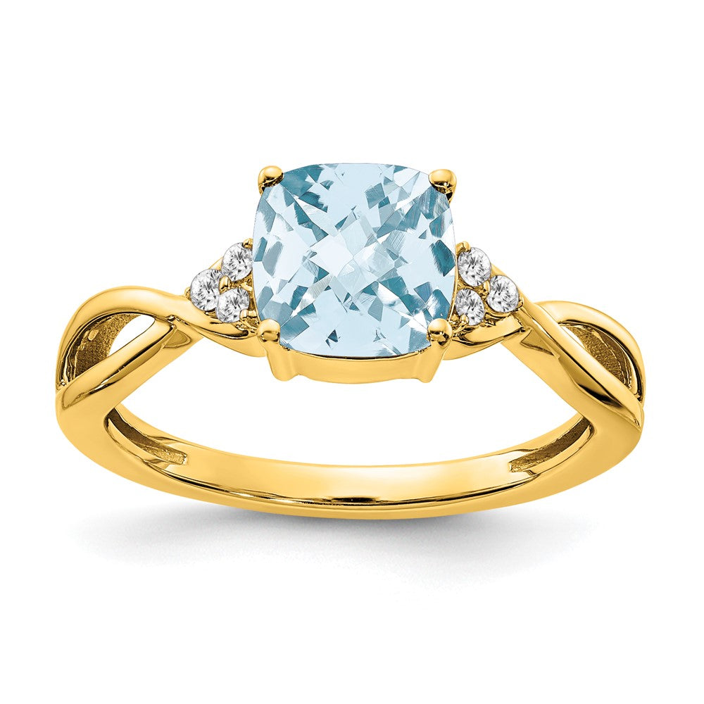 14K Yellow Gold Checkerboard Aquamarine and Real Diamond Ring