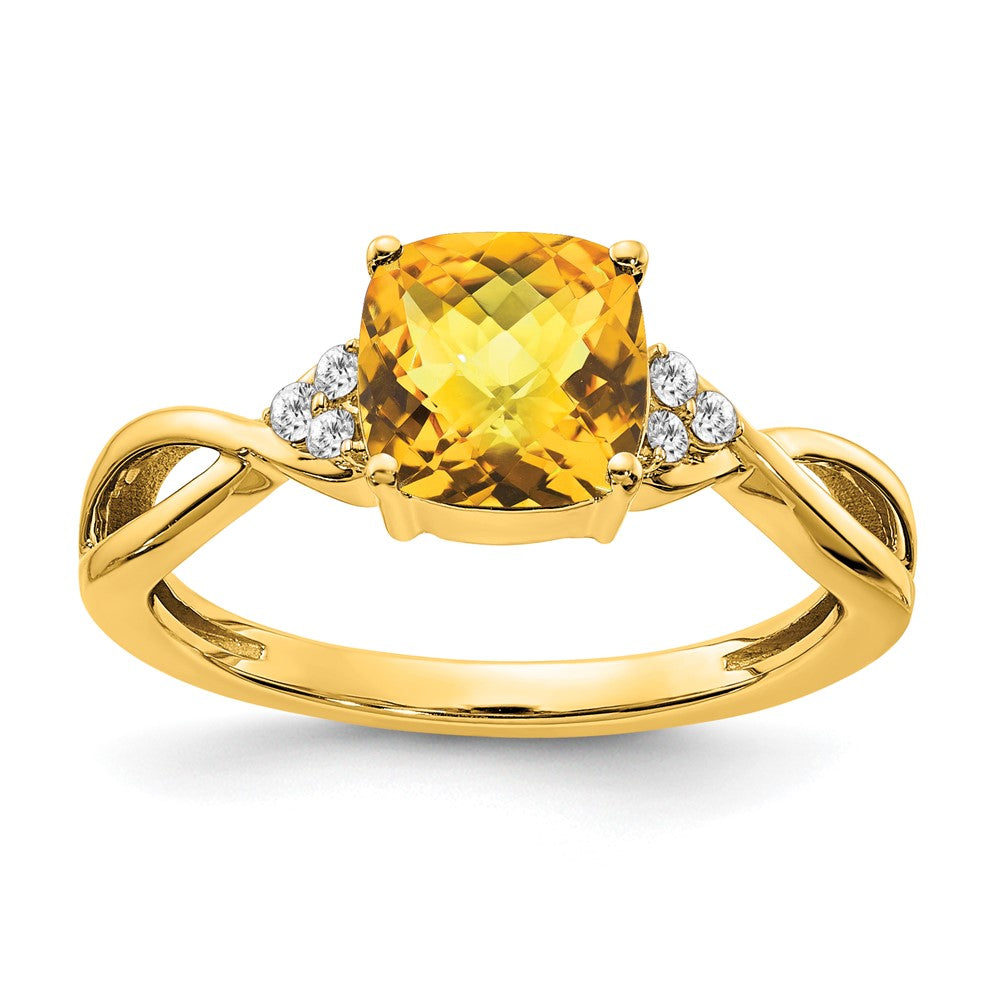 14K Yellow Gold Checkerboard Citrine and Real Diamond Ring