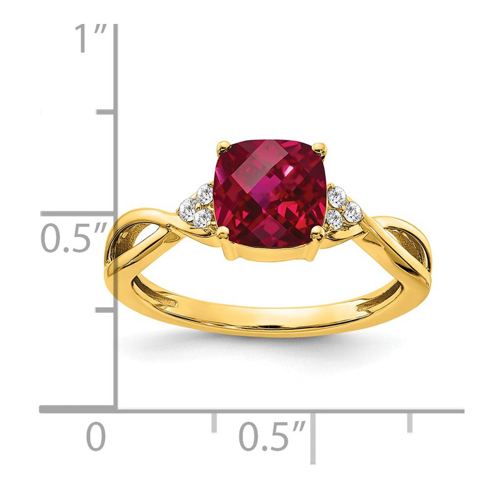 14K Yellow Gold Checkerboard Created Ruby and Real Diamond Ring