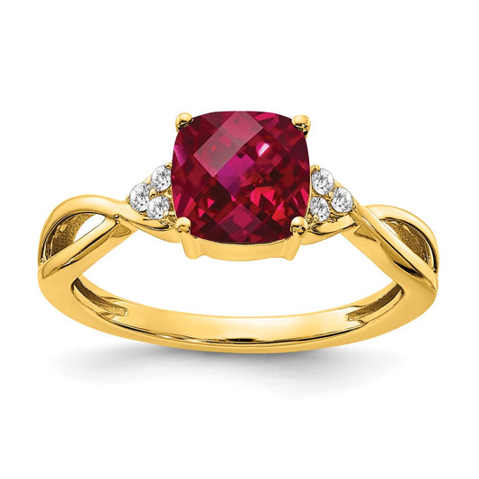 Solid 14k Yellow Gold ChecKerboard Created Simulated Ruby and CZ Ring