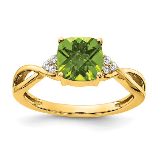 14K Yellow Gold Checkerboard Peridot and Real Diamond Ring