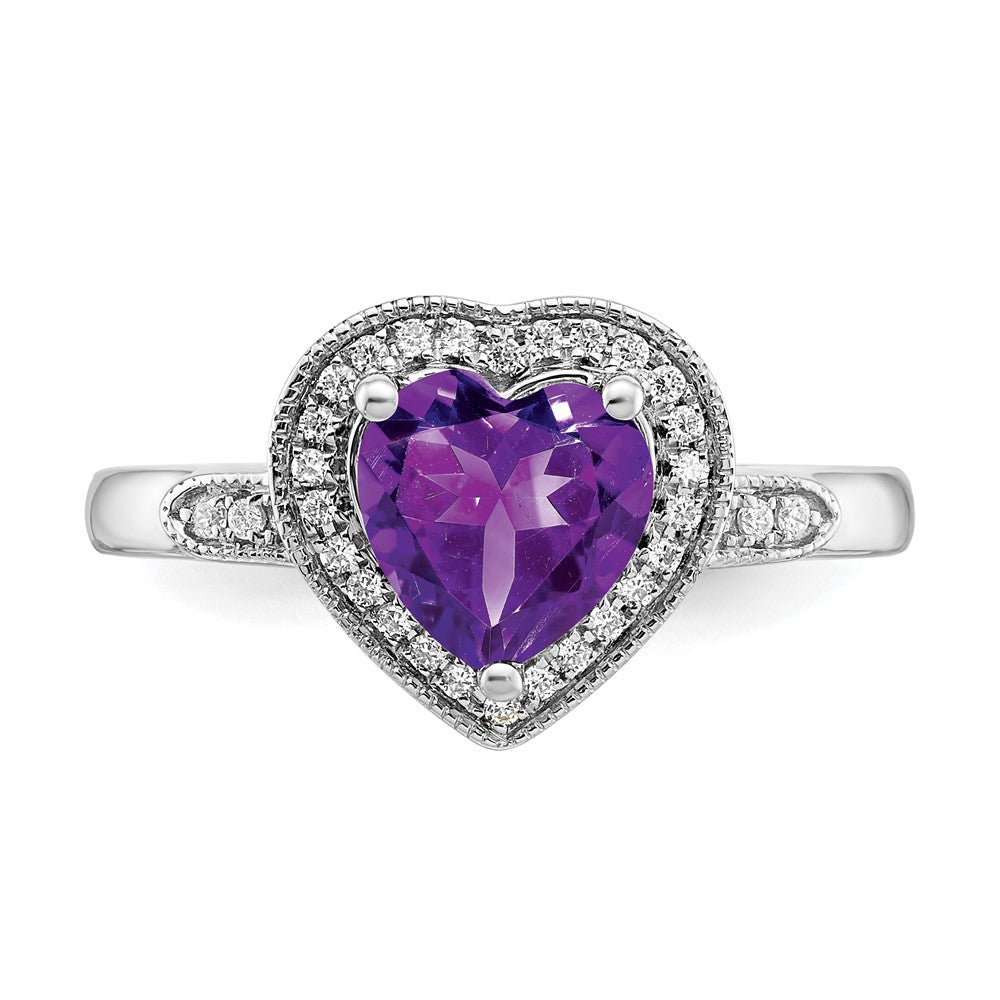 14k White Gold Heart Amethyst and Real Diamond Halo Ring