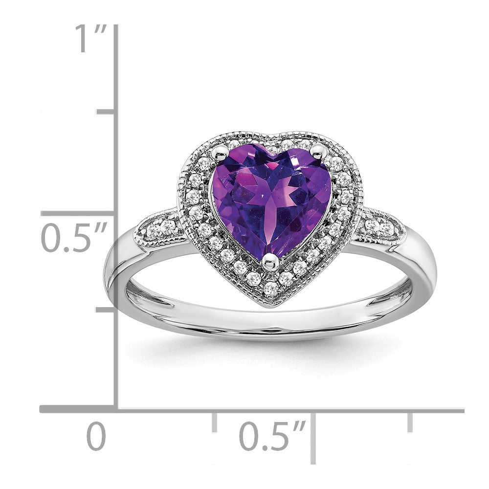 14k White Gold Heart Amethyst and Real Diamond Halo Ring