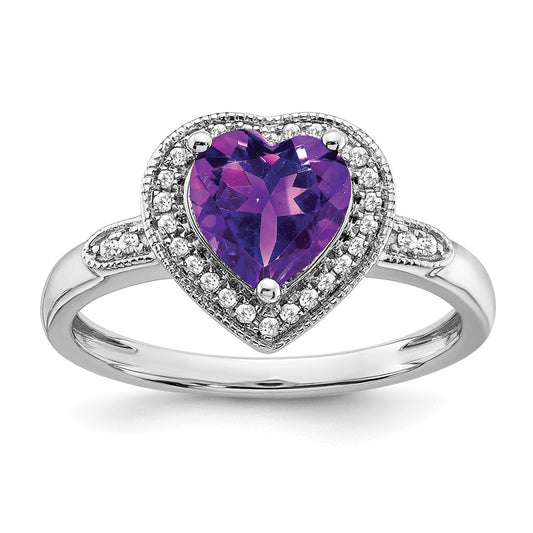 14k White Gold Heart Amethyst and Real Diamond Halo Ring