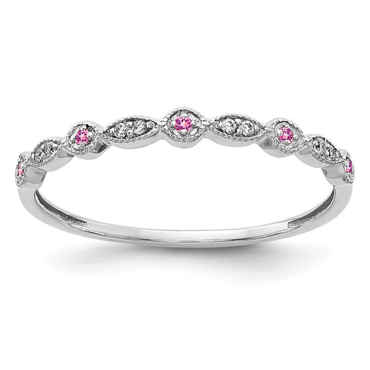 14k White Gold Real Diamond and Pink Sapphire Fancy Band