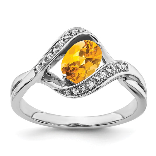 14k White Gold Oval Citrine and Real Diamond Ring