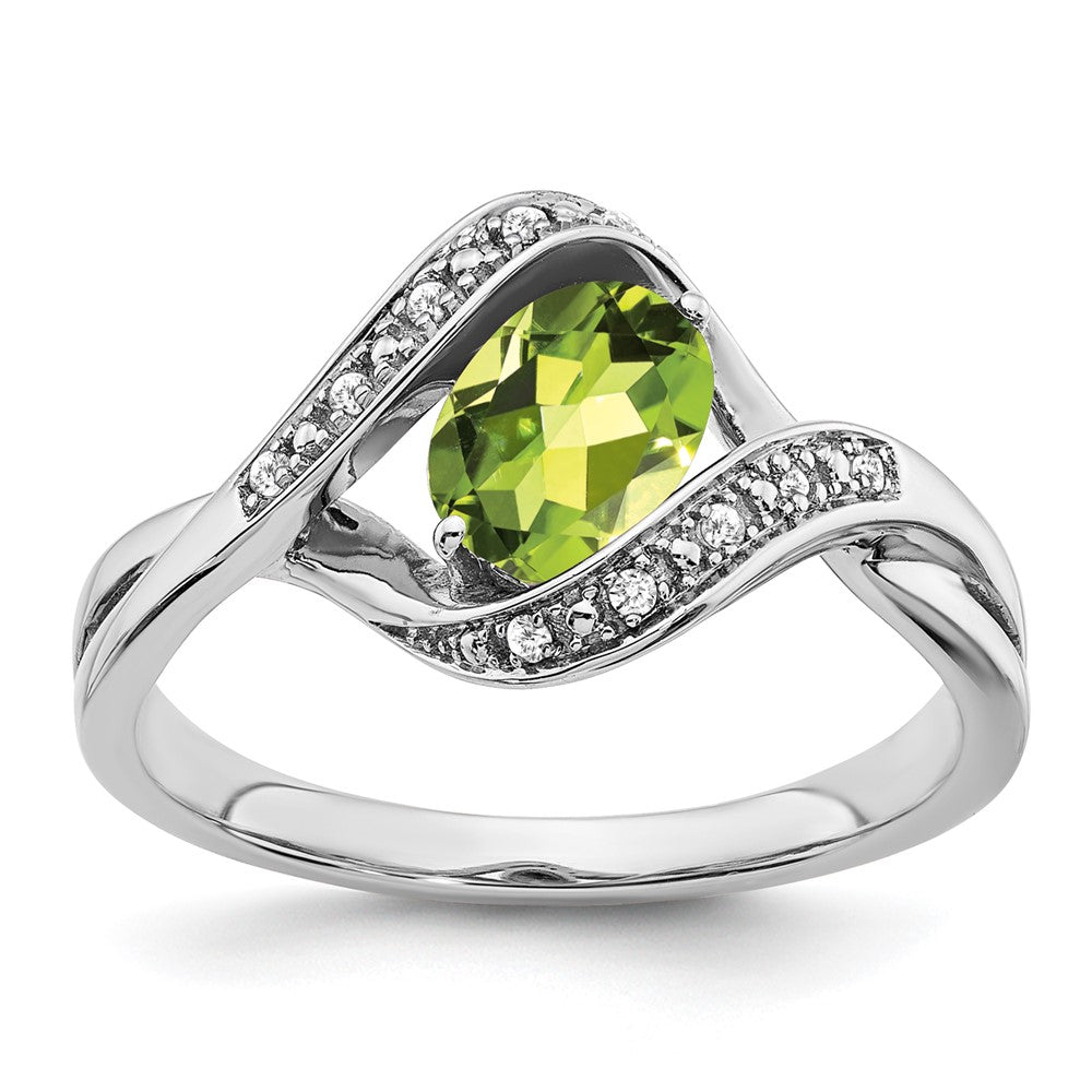 Solid 14k White Gold Oval Simulated Peridot and CZ Ring