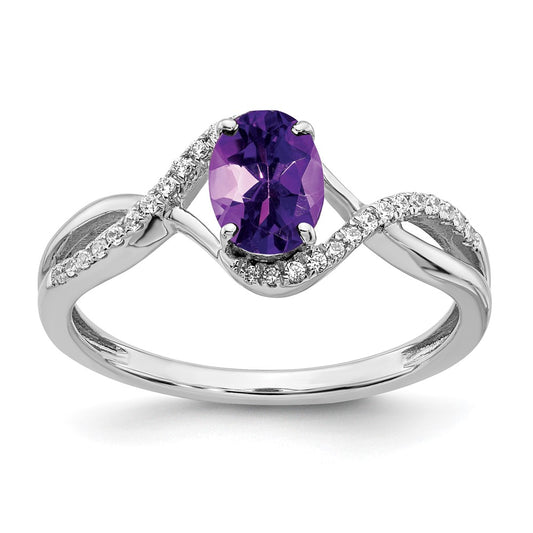 14k White Gold Oval Amethyst and Real Diamond Twist Ring