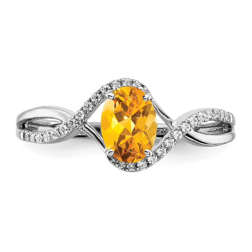 14k White Gold Oval Citrine and Real Diamond Twist Ring