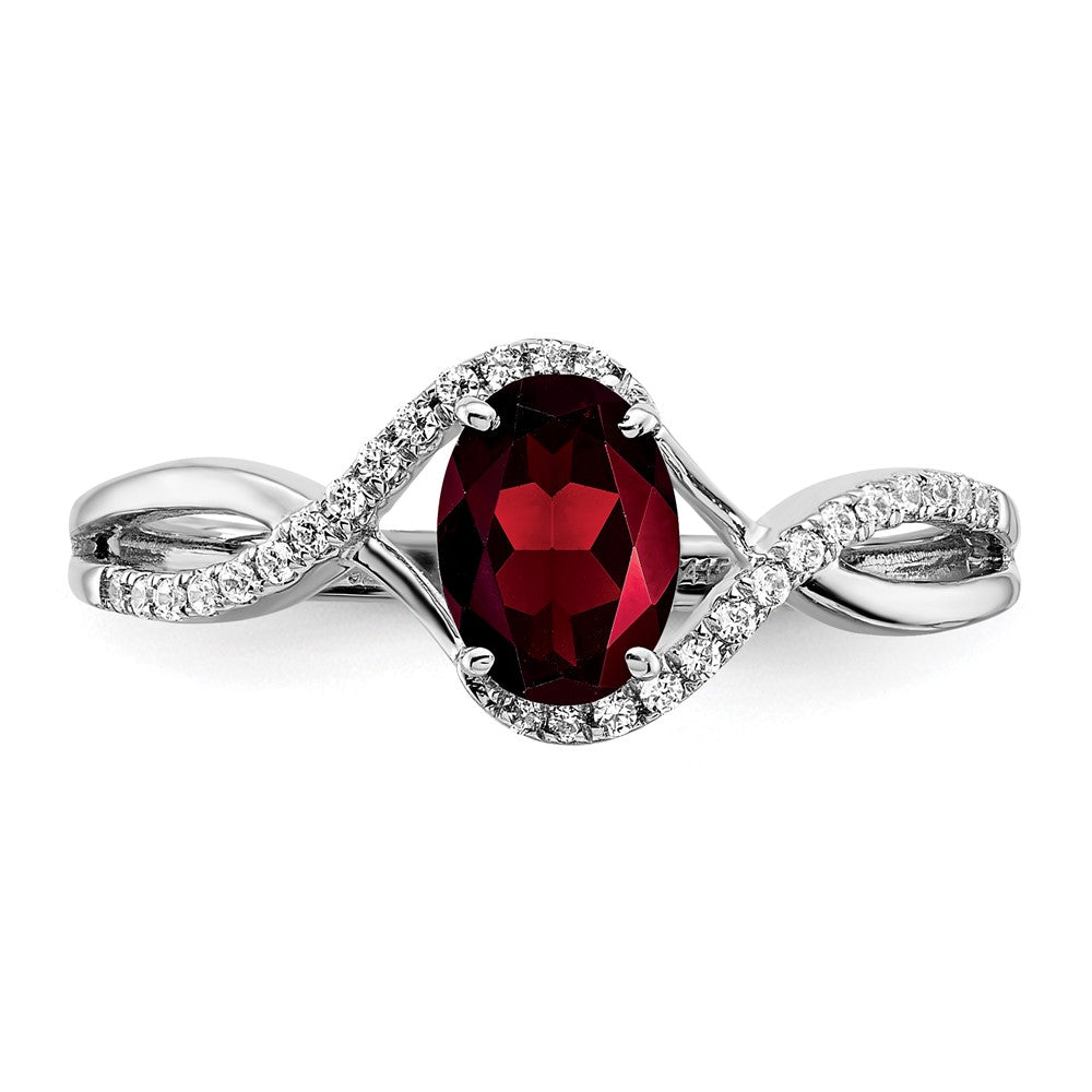 14k White Gold Oval Garnet and Real Diamond Twist Ring