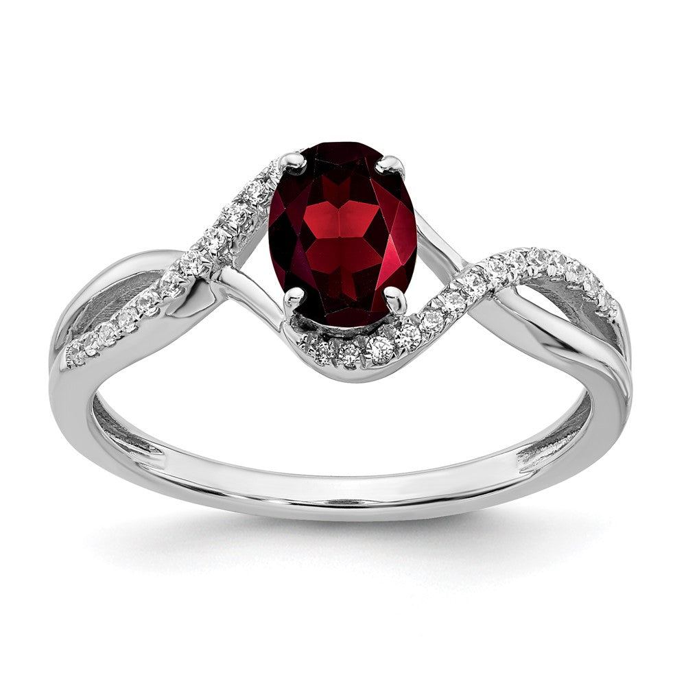 14k White Gold Oval Garnet and Real Diamond Twist Ring