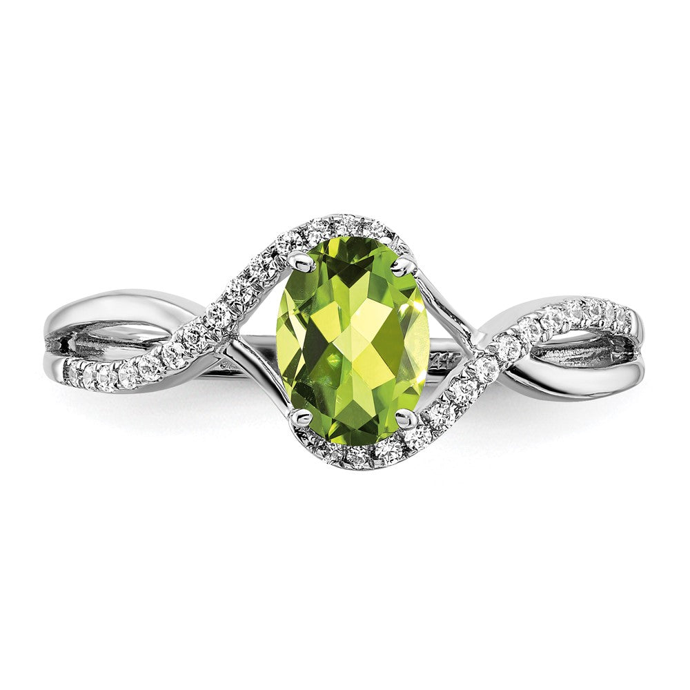 Solid 14k White Gold Oval Simulated Peridot and CZ Twist Ring