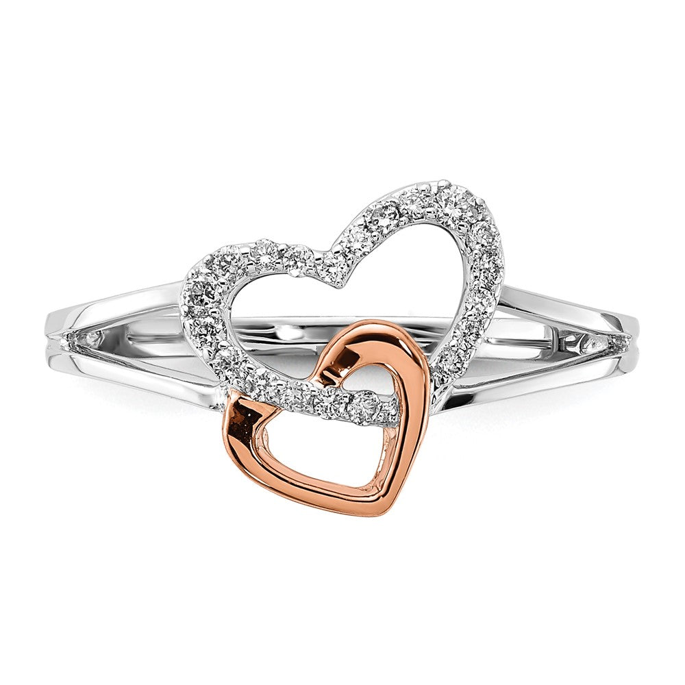 Solid 14k Two-tone White/Rose Gold Simulated CZ Double Heart Ring