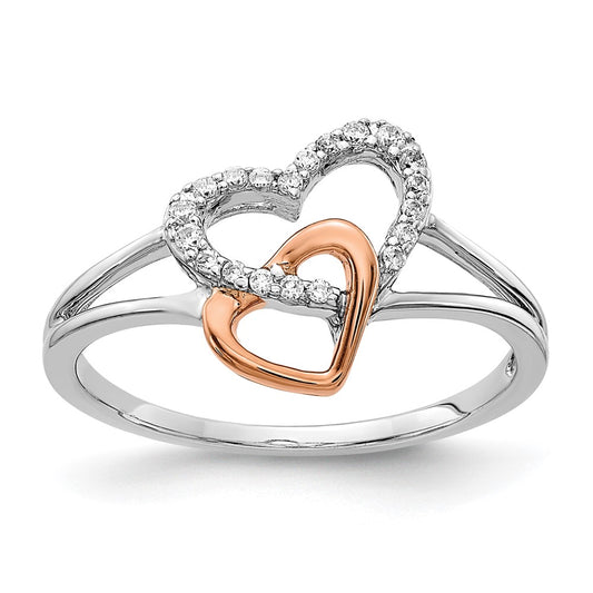 Solid 14k Two-tone White/Rose Gold Simulated CZ Double Heart Ring