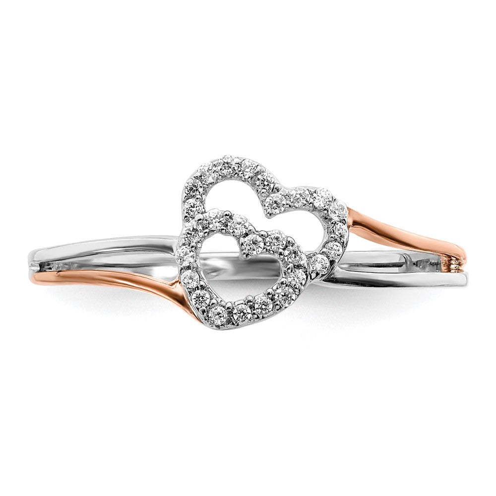 Solid 14k Two-tone White and Rose Gold Simulated CZ Polished Double Heart Ring