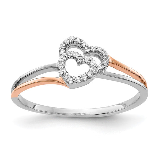 Solid 14k Two-tone White and Rose Gold Simulated CZ Polished Double Heart Ring