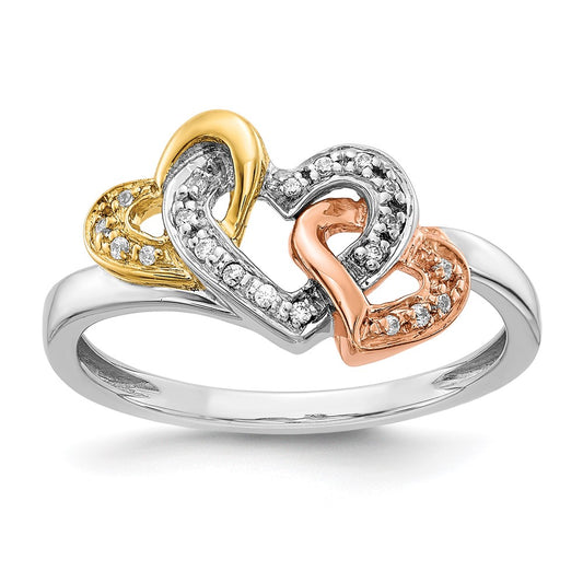 14k Tri-color Gold Real Diamond Triple Heart Ring