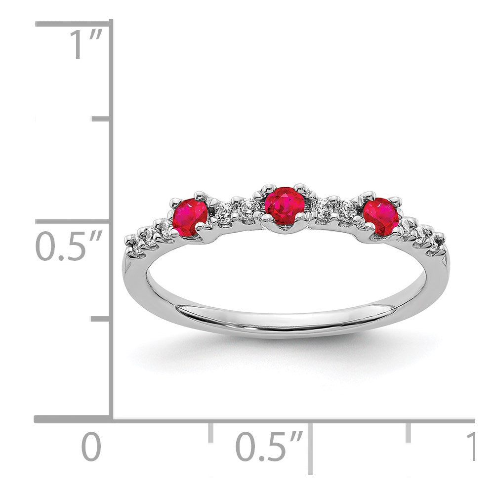 14k White Gold Real Diamond and Ruby 3-Stone Ring