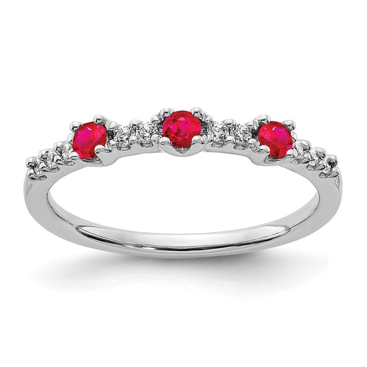 Solid 14k White Gold Simulated CZ and Ruby 3-Stone Ring