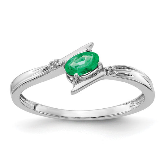 14K White Gold Polished Oval Real Diamond Emerald Bypass Ring