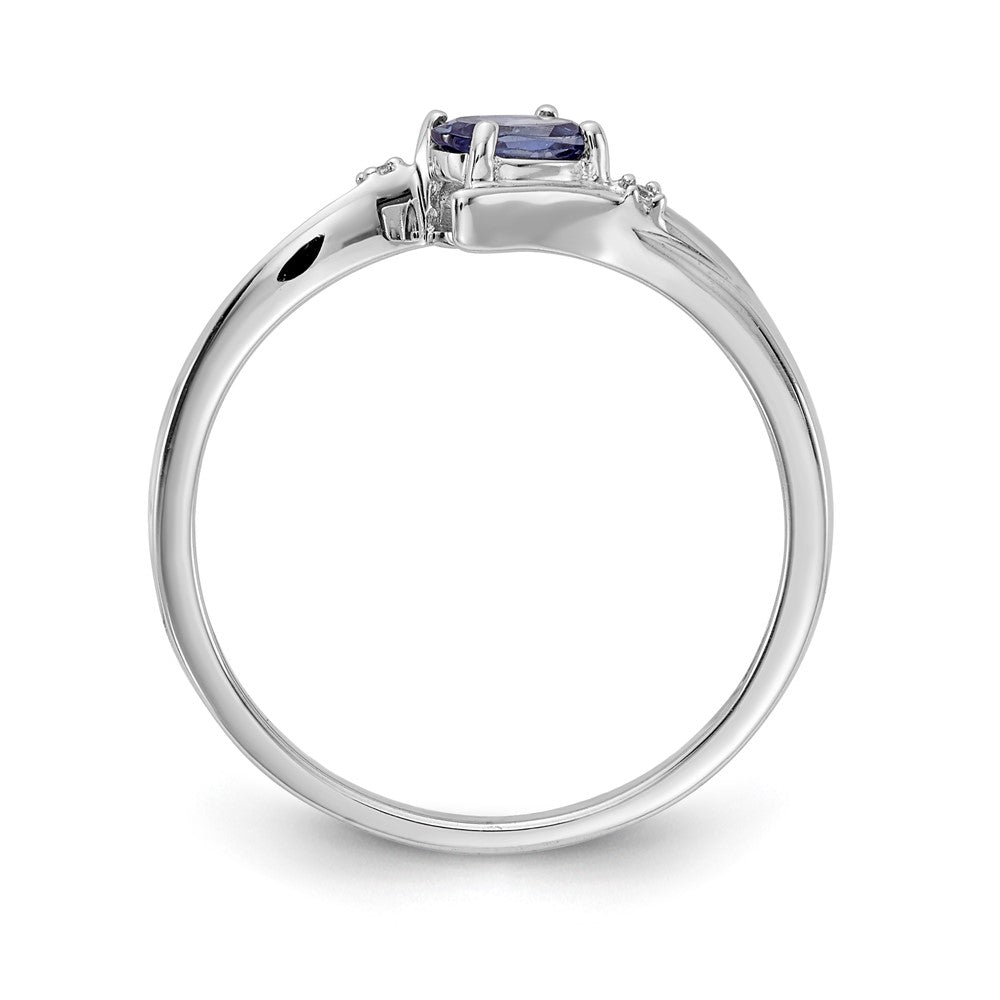 14K White Gold Polished Oval Real Diamond Blue Sapphire Bypass Ring