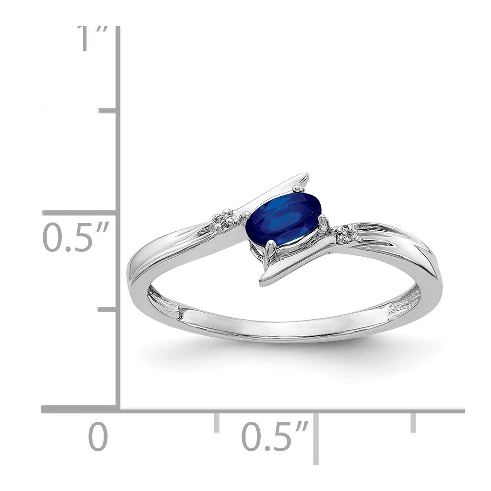 14K White Gold Polished Oval Real Diamond Blue Sapphire Bypass Ring