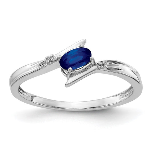 14K White Gold Polished Oval Real Diamond Blue Sapphire Bypass Ring