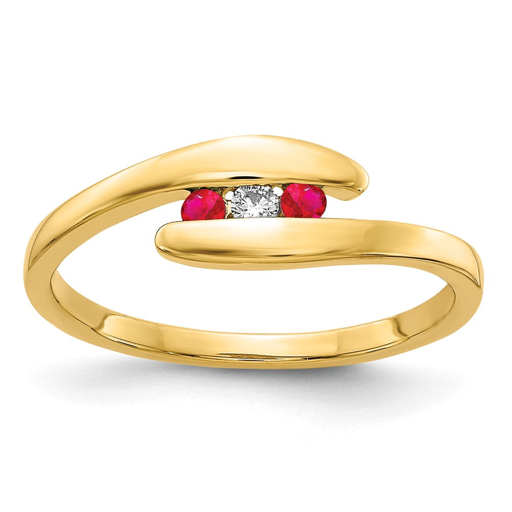 14K Yellow Gold Ruby and Real Diamond 3-stone Ring