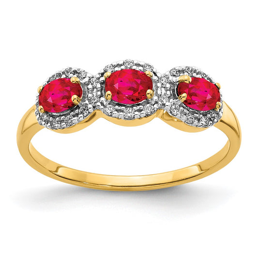 Solid 14k Yellow Gold Composite Simulated Ruby and CZ 3-Stone Ring