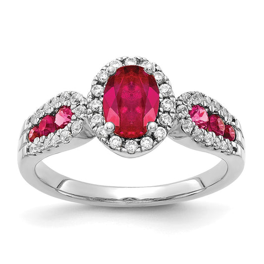 Solid 14k White Gold Simulated CZ and Oval Ruby Ring