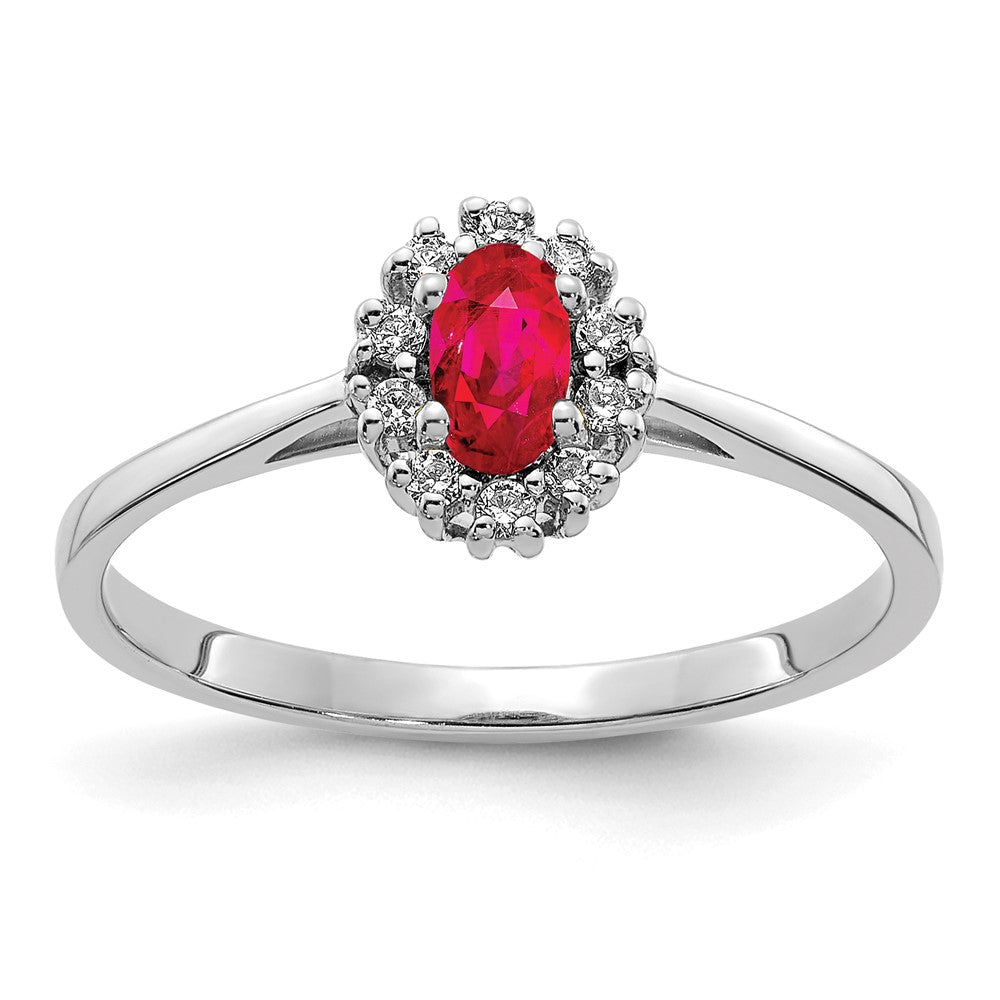 14k White Gold Real Diamond and Oval Ruby Halo Ring