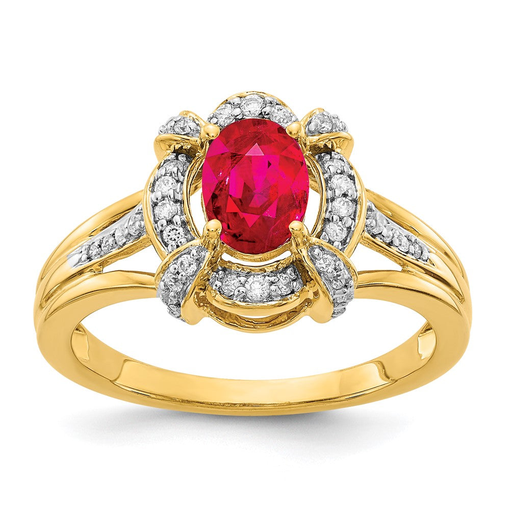 14K Yellow Gold Real Diamond and Oval Ruby Ring