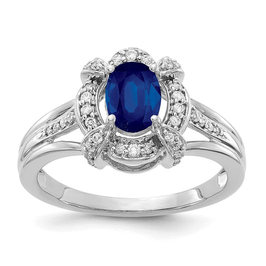 14k White Gold Real Diamond and Oval Sapphire Ring