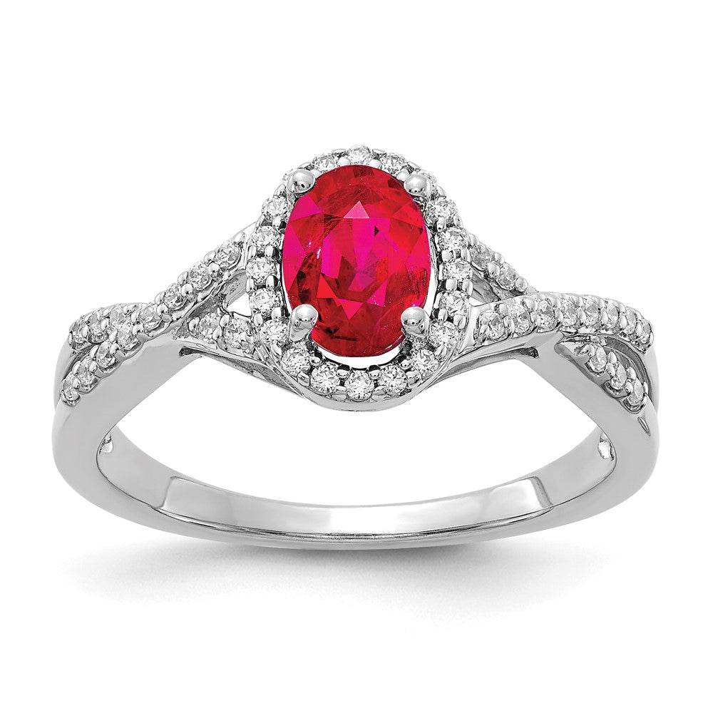 14k White Gold Real Diamond and Ruby Oval Halo Ring