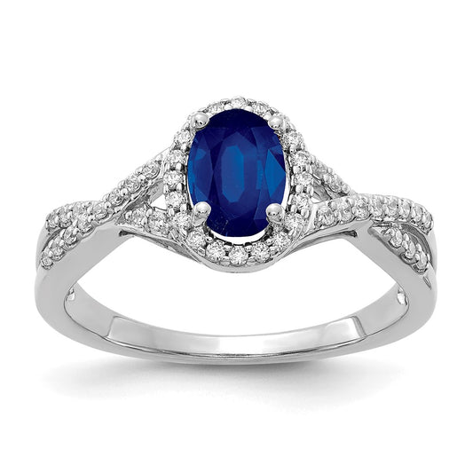 14k White Gold Real Diamond and Sapphire Oval Halo Ring