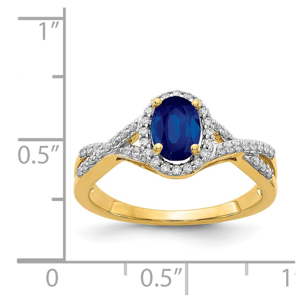 14K Yellow Gold Real Diamond and Sapphire Oval Halo Ring