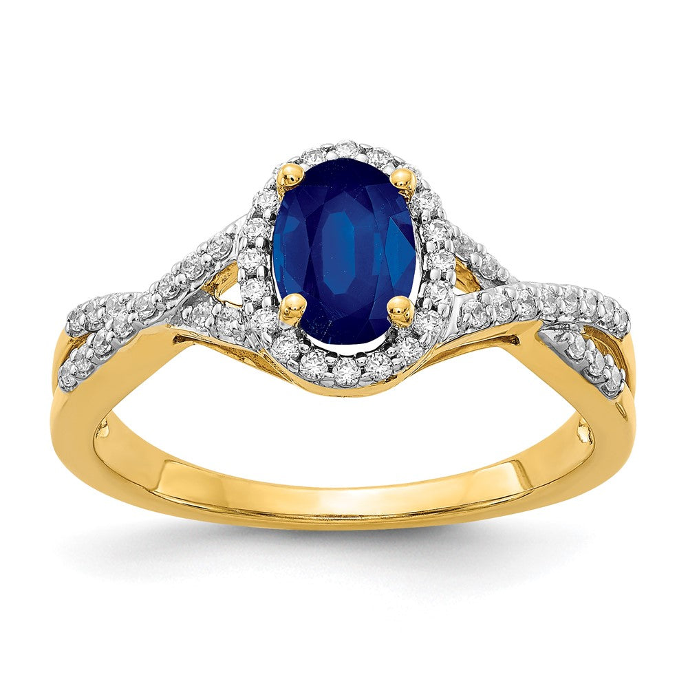 14K Yellow Gold Real Diamond and Sapphire Oval Halo Ring