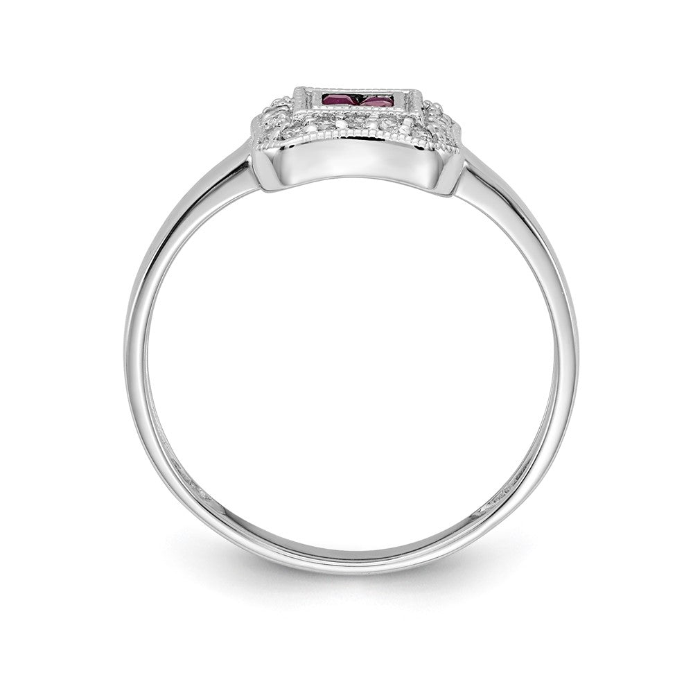 14k White Gold Square Design Ruby and Real Diamond Ring