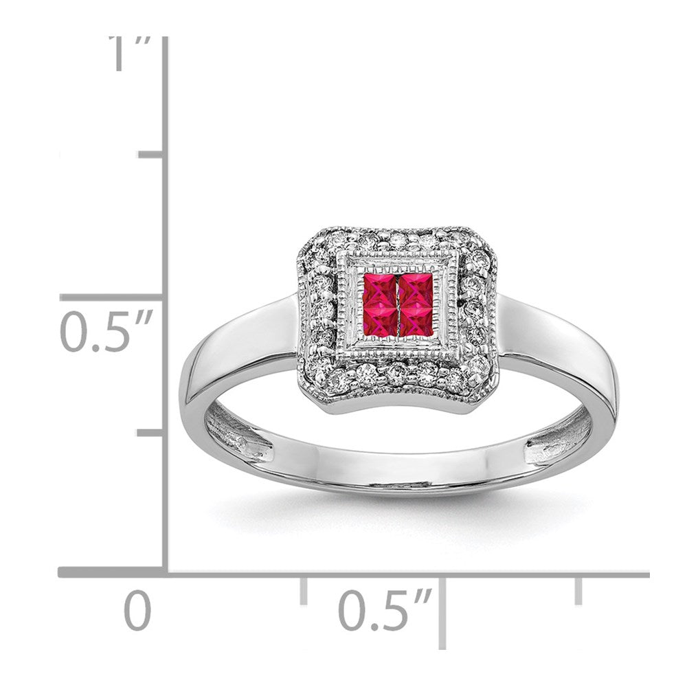 14k White Gold Square Design Ruby and Real Diamond Ring