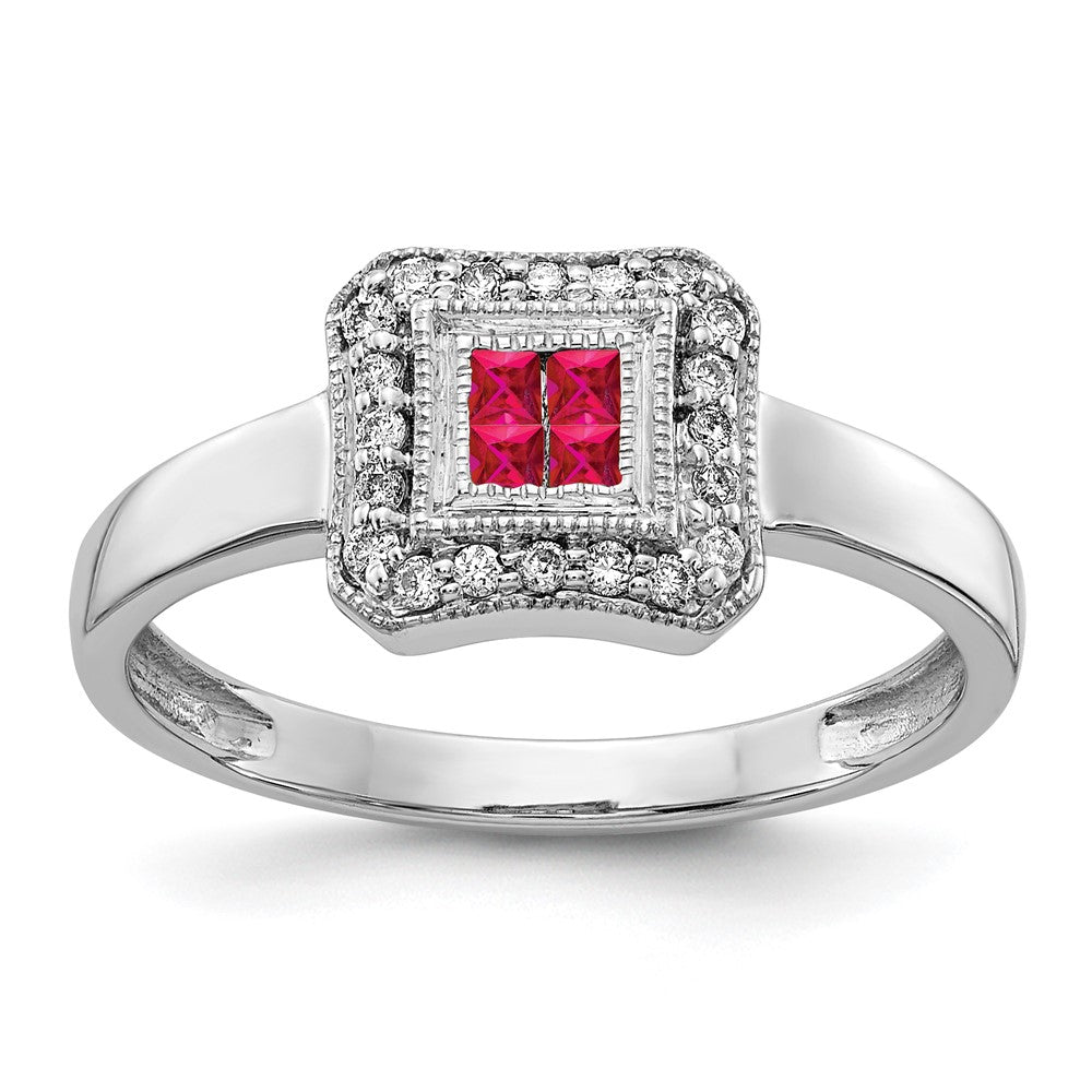 14k White Gold Square Design Ruby and Real Diamond Ring