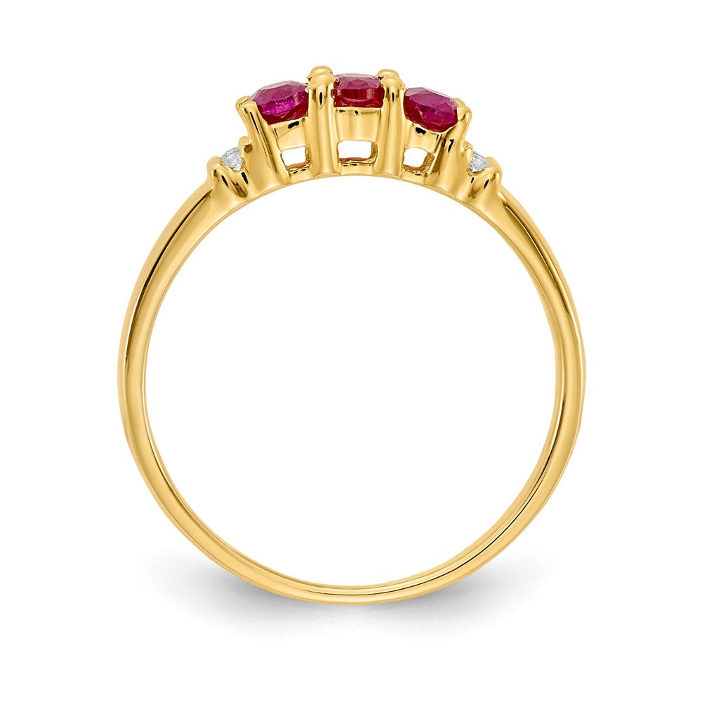 14K Yellow Gold Polished Triple Ruby and Real Diamond 3-stone Ring