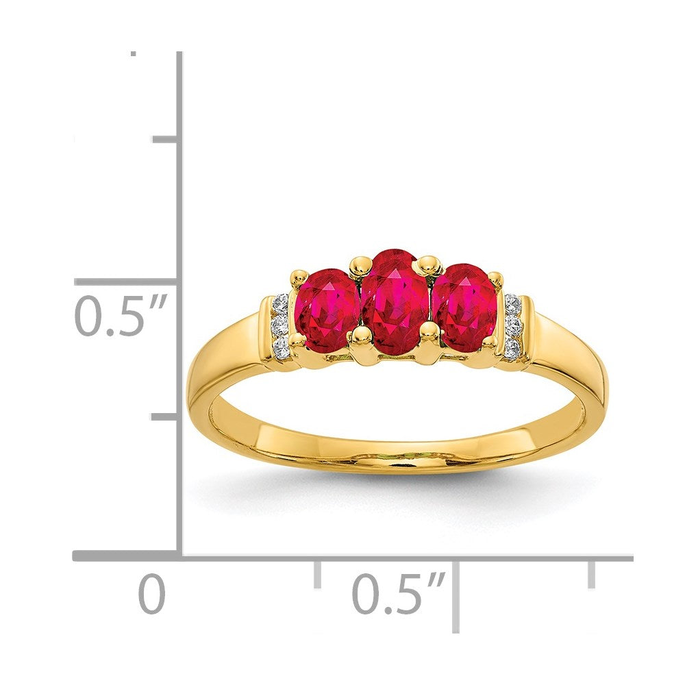 14K Yellow Gold Polished Triple Ruby and Real Diamond 3-stone Ring