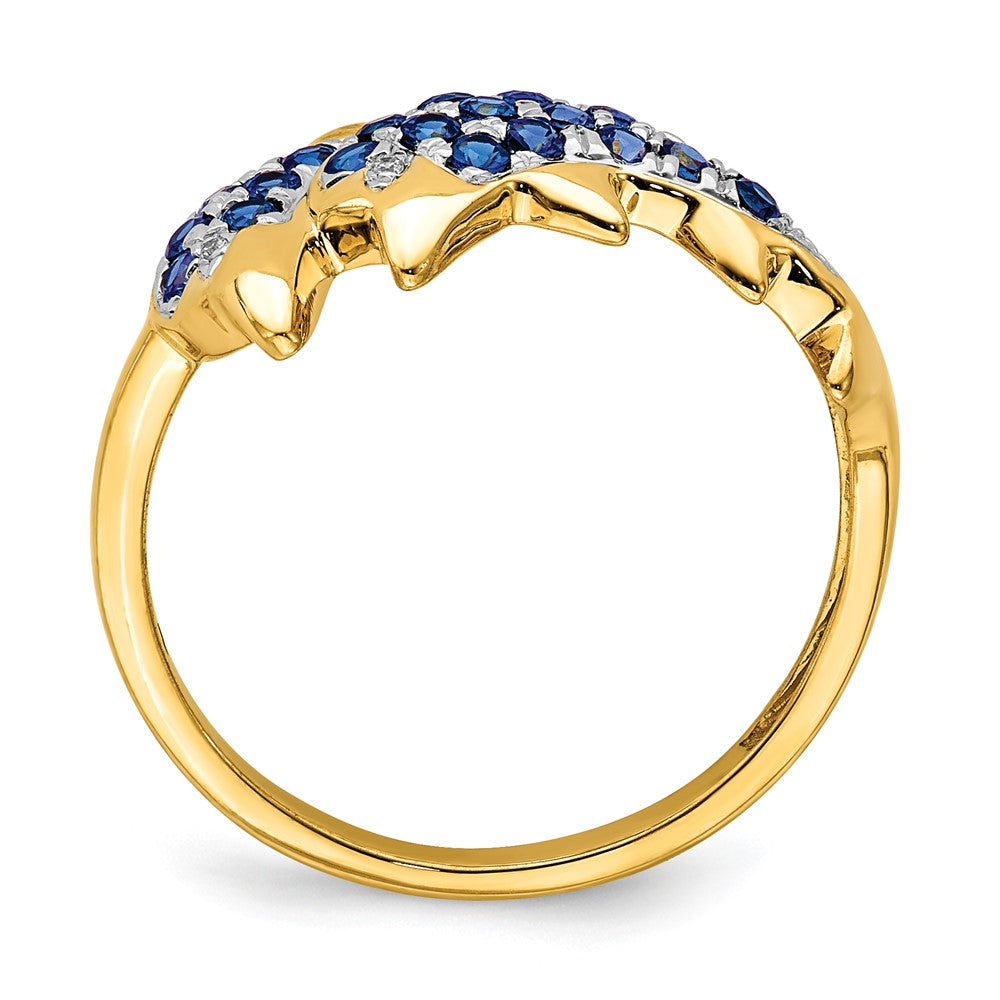 14K Yellow Gold w/ Rhodium Real Diamond and Sapphire Dolphins Ring