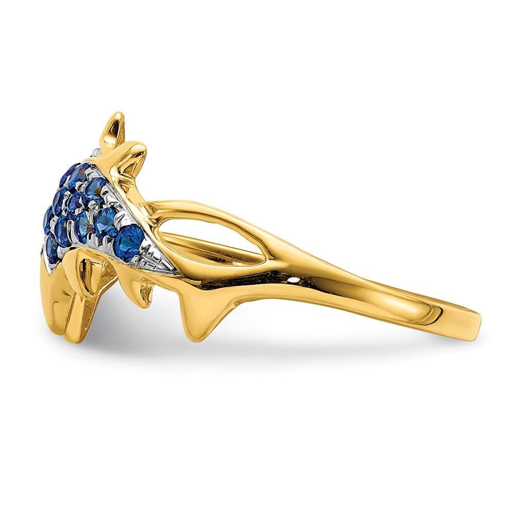 14K Yellow Gold w/ Rhodium Real Diamond and Sapphire Dolphins Ring