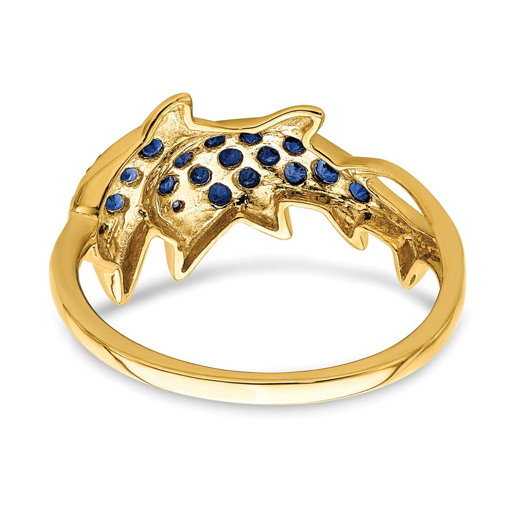 14K Yellow Gold w/ Rhodium Real Diamond and Sapphire Dolphins Ring