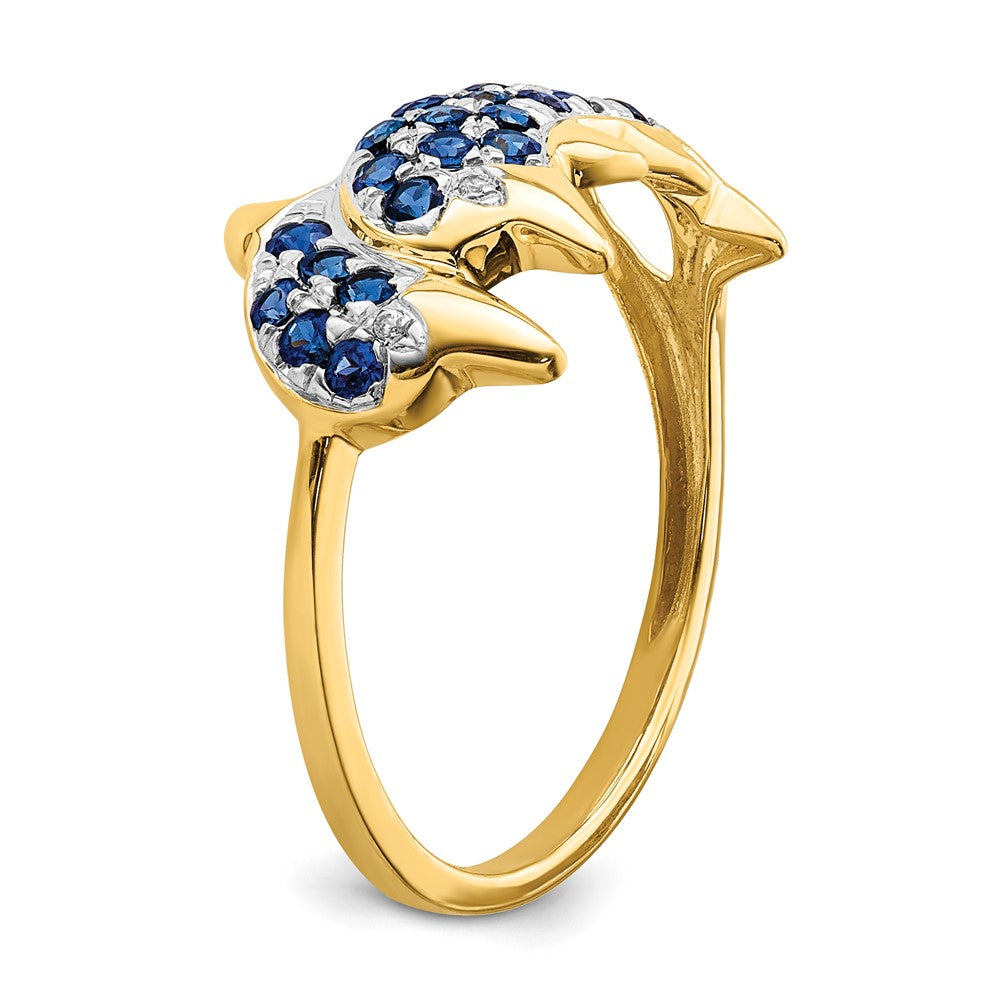 14K Yellow Gold w/ Rhodium Real Diamond and Sapphire Dolphins Ring